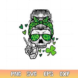 skull shamrock messy bun saint patrick's day svg