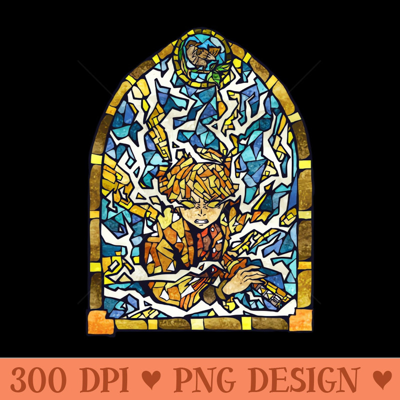 Anime Illustration Zenitsu Demon Slayer Stained Glass Style - Unique PNG Artwork - Instantaneous download