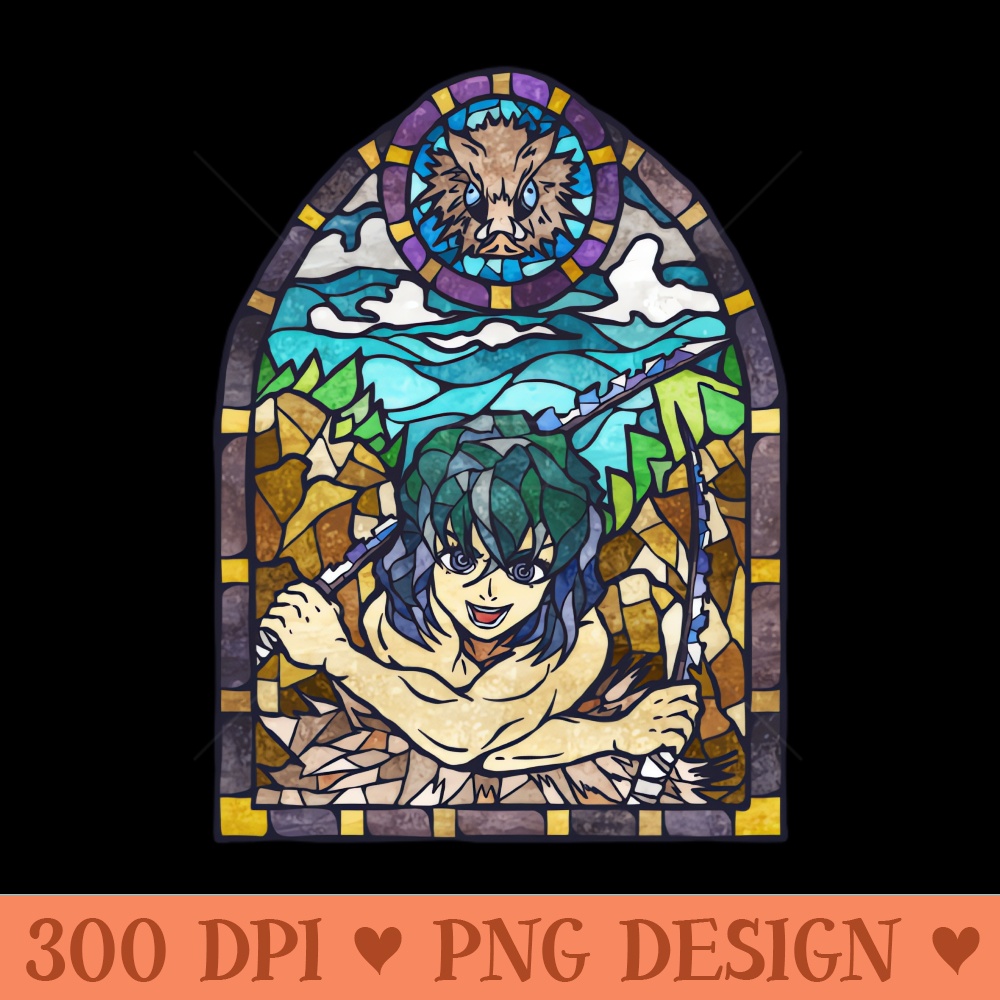Anime Illustration Inosuke Demon Slayer Stained Glass Style - PNG Graphics Download - Download immediately