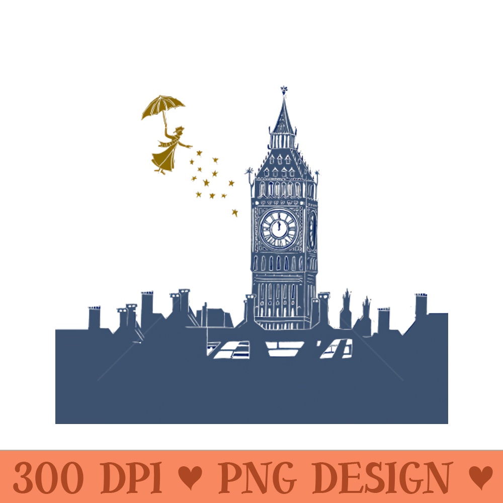 Mary Poppins and Big Ben in Blue and Pink - PNG design assets - Immediate download