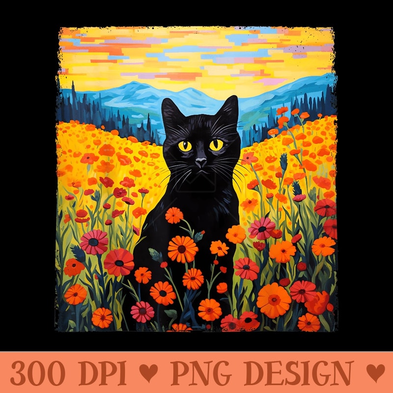 Black Cat In A Flower Fields Van Gogh Cat Starry Night Cat - Modern PNG designs - High Resolution And Print Ready Designs