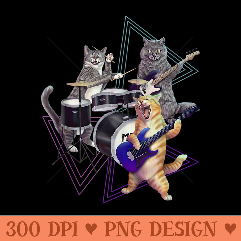 Cat band - Rock kitties on bass, guitar, and drum set - Sublimation patterns PNG - Premium Quality PNG Artwork