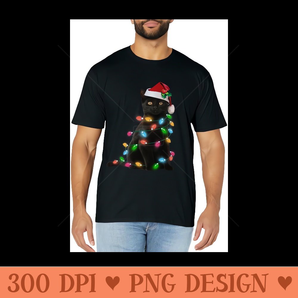 Black Cat christmas light tshirt funny cat lover christmas - High Resolution PNG Designs - Enhance Your Apparel with Stunning Detail