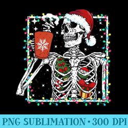 christmas skeleton with smiling skull drinking coffee latte - trendy png designs - enhance your apparel with stunning de