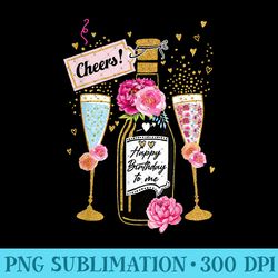 happy birthday champagne flutes with floral flower for women - trendy png designs - easy-to-print and user-friendly desi