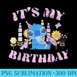 disney lilo & stitch cute retro floral it's my birthday - printable png images - defying the norms