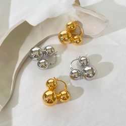 Peri'sbox Chunky Gold Silver Plated Triple Ball Hoop Earrings Female Minimalist Jewelry Large Metal Huggie Earring State