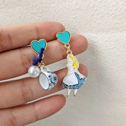 2023 New S925 Needle Cute Cartoon Enamel Fairy Tale Princess Alice Asymmetry Earrings for Women