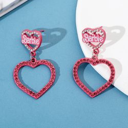 Kawaii Barbie Earrings Pink Letter Barbie Rhinestones Heart Shape Metal Pendant Ear Drop Earrings for Women Jewelry Acce