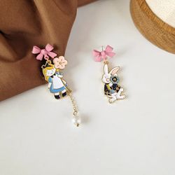 Cartoon Princess Alice In Wonderland Rabbit Earrings Sweet Cute Asymmetric Pink Bow Flower Rabbit Drop Earring for Women