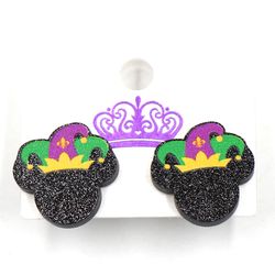 1Pair New product CN Stud earring mouse with Fleur de lis hat Mardi Gras TRENDY glitter Acrylic Jewelry For women