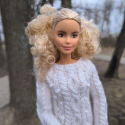 Fashion Doll Clothes for 11" Dolls (30cm) - Barbie, Poppy Parker, Integrity: White Sweater with Braids & Bobble Accents