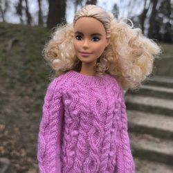 Fashion Doll Clothes for 11" Dolls (30cm) - Barbie, Poppy Parker, Integrity: Pink Sweater with Braids & Bobble Accents
