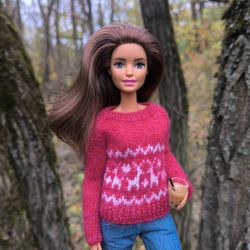 christmas sweater with reindeer for barbie and fashion dolls 11 inches (30 cm) holiday outfit
