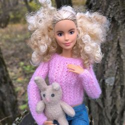pink lacy short sweater for barbie and 11-inch fashion dolls, handmade knitwear for 30 cm dolls, stylish doll clothing
