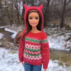 red knitted christmas sweater with jacquard pattern for barbie, poppy parker, and 1:6 scale dolls, 30 cm, 11 inches