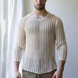 New Long-sleeved Sexy T-shirt Bottoming Shirt Fashion Woven Solid Color Knit Slim Mesh Tops Men Oversized T