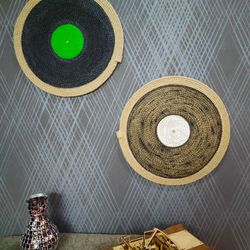 Round Jute Mat,Vinyl Record Shape,Textile Wall Hanging, Cutlery Coaster Retro,round placemat,Eco Mat,jute rope placemat