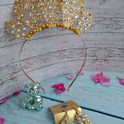 gold crown, queen crown, wedding tiara, gold diadem, beautiful jewelry set, gold headdress