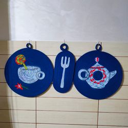 set of 3,porcelain wall art,blue french country decor,macrame wall hanging,quilted amphora,coaster,sorority wall art,blu