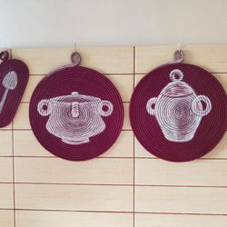 porcelain wall art,set of 3,macrame wall hanging,quilted amphora,burgundy decor,burgundy napkin,coaster,sorority wall ar