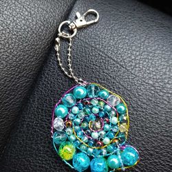 shell pendant, beaded spiral, keychain, mandala, amulet, decoration,car decor,accessories keyrings