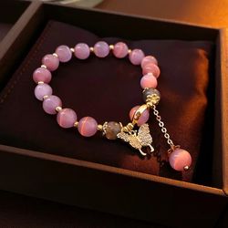 PINK Opal Sea Blue Treasure Moonlight Stone Bracelet: Mesmerizing Elegance with Butterfly Pendant