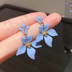 BLUE Camellia Flower Petal Dangle Earrings GIFT