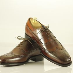 Men's Handmade Brown Leather Wing Tip Brogue Stylish Shoes for Men's