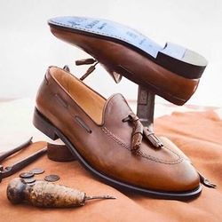 Handmade cowhide leather shoes, Men Brown Loafers for summer season
