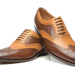 Men's Handmade Two Tone Tan & Brown Leather Oxford Brogue Wingtip Lace Up Shoes
