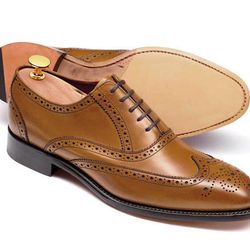 Men's Handmade Brown Leather Oxford Brogue Wingtip Lace Up Dress Shoes
