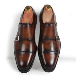 Handmade Men's Brown Leather Double Monk Strap Cap Toe Dress Shoes