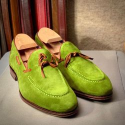Handmade Men Green Suede Tassels Moccasins Loafers Formal Shoes