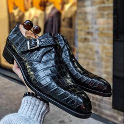 Men's Handmade Blace Alligator Print Leather Mobk Dress Shoes