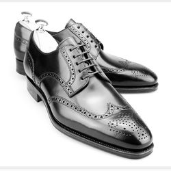 Men's Handmade Black Leather Oxford Brogue Wingtip Lace Up Dress Derby Shoes