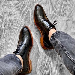 Men's Handmade Black Leather Oxford Brogue Wingtip Lace Up Dress Shoes