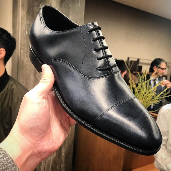 Men's Handmade Black Leather Oxford Toe Cap Lace Up Dress Shoes.jpg