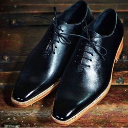 Men's Handmade Black Leather Whole Cut Formal Oxford Lace Up Shoes