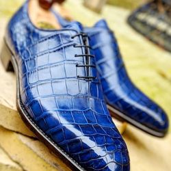 Men's Handmade Blue Crocodile Texture Leather One Piece Tuxedo Dress Shoes