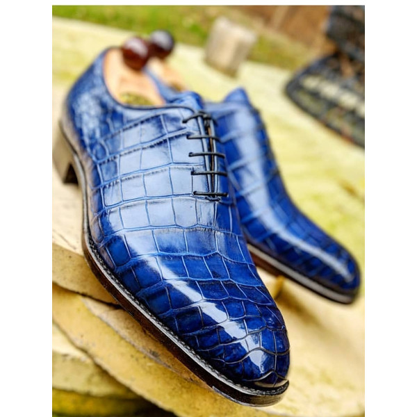 Men's Handmade Blue Crocodile Texture Leather One Piece Tuxedo Dress Shoes.jpeg