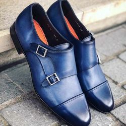 Men's Handmade Blue Leather Oxford Toe Cap Double Buckle Monk Strap Dress Shoes