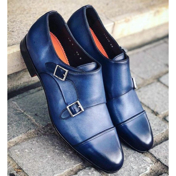 Men's Handmade Blue Leather Oxford Brogue Toe Cap Double Buckle Monk  Dress Shoes.jpg
