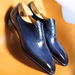 Men's Handmade Blue Patina Leather One Piece Lce Up Dress Shoes