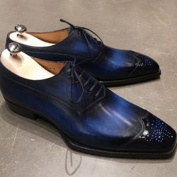 Men's Handmade Blue Patina Leather Oxford Brogue Wingtip Lace Up Shoes