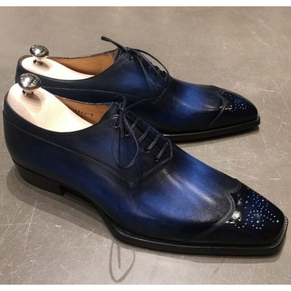 Men's Handmade Blue Patina Leather Oxford Brogue Wingtip Lace Up Shoes.jpg