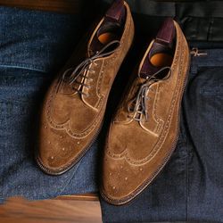 Men's Handmade Brown Suede Oxford Brogue Wingtip Lace Up Derby Dress Shoes