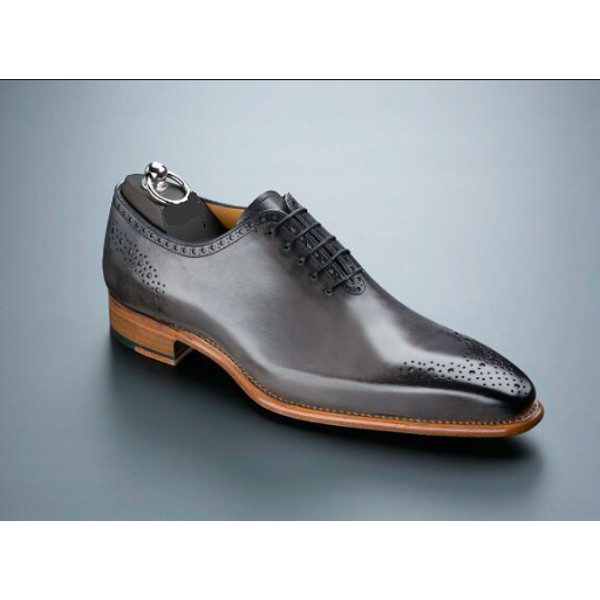 Men's Handmade Gray Leather Oxford Brogue One Piece Lace Up Dress Tuxedo Sheos.png