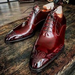 Men's Handmade Maroon Leather Oxford Brogue Lace Up Dress Shoes