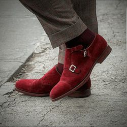 Men's Handmade Red Suede Double Monk Oxford Toe Cap Dress Shoes